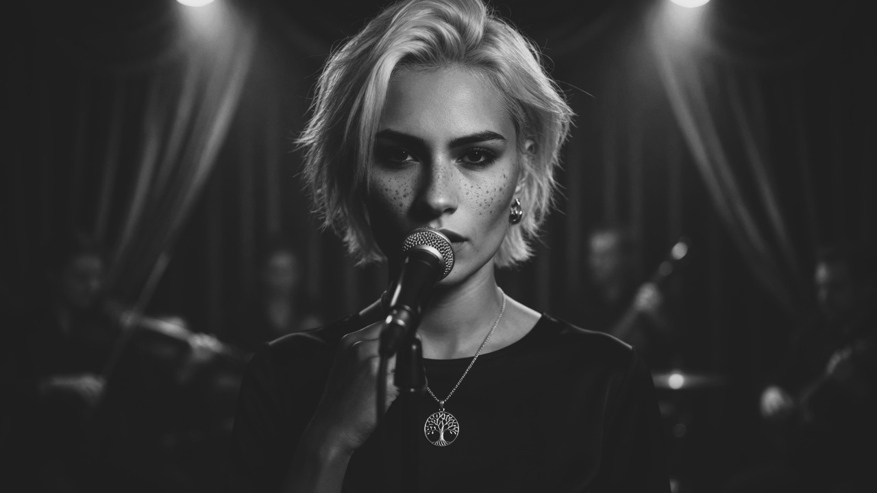 NOUR performing live under a single spotlight, eyes closed, singing into a microphone