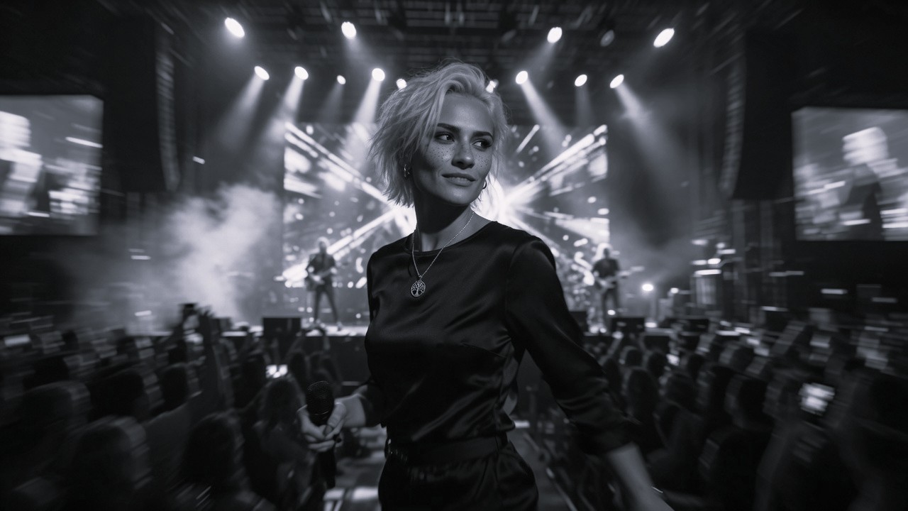 NOUR walking through the crowd during a concert, smiling, band playing behind her