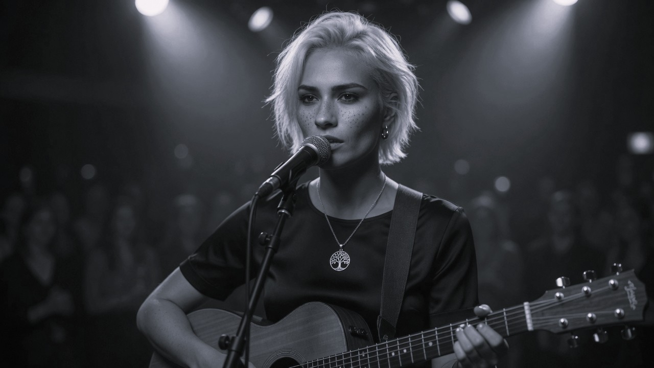 NOUR playing acoustic guitar and singing into a microphone on stage